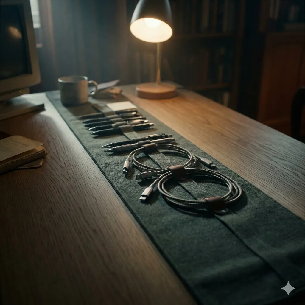 Desk with a narrow textile panel guiding pens and charging cables