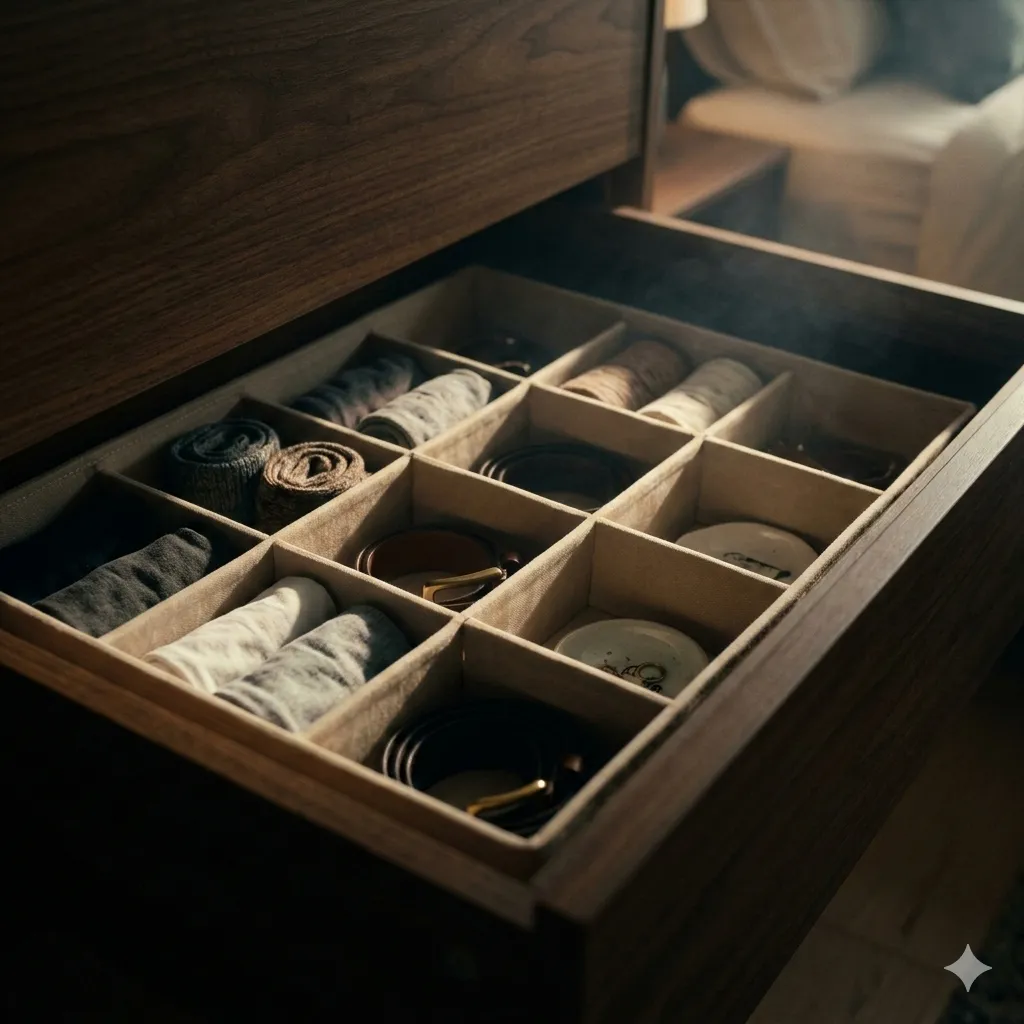 Soft textile grid inside a bedroom drawer separating garments and small objects