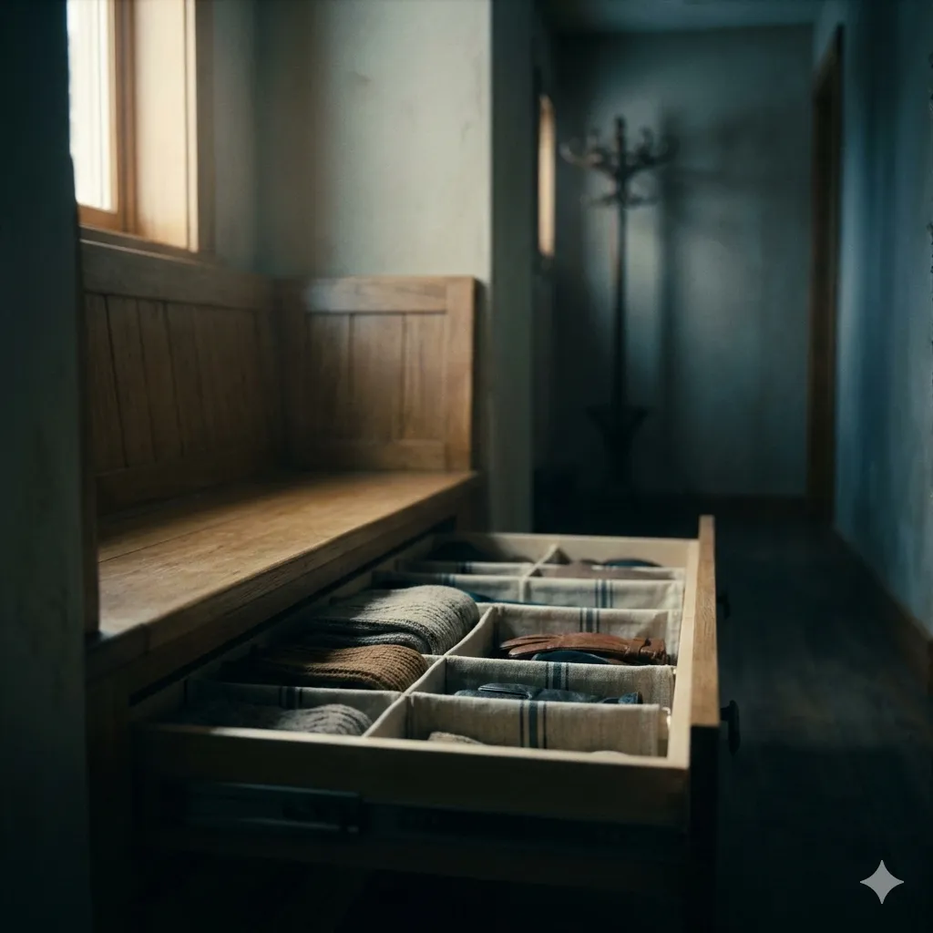 Hallway bench drawer with textile compartments for scarves and gloves