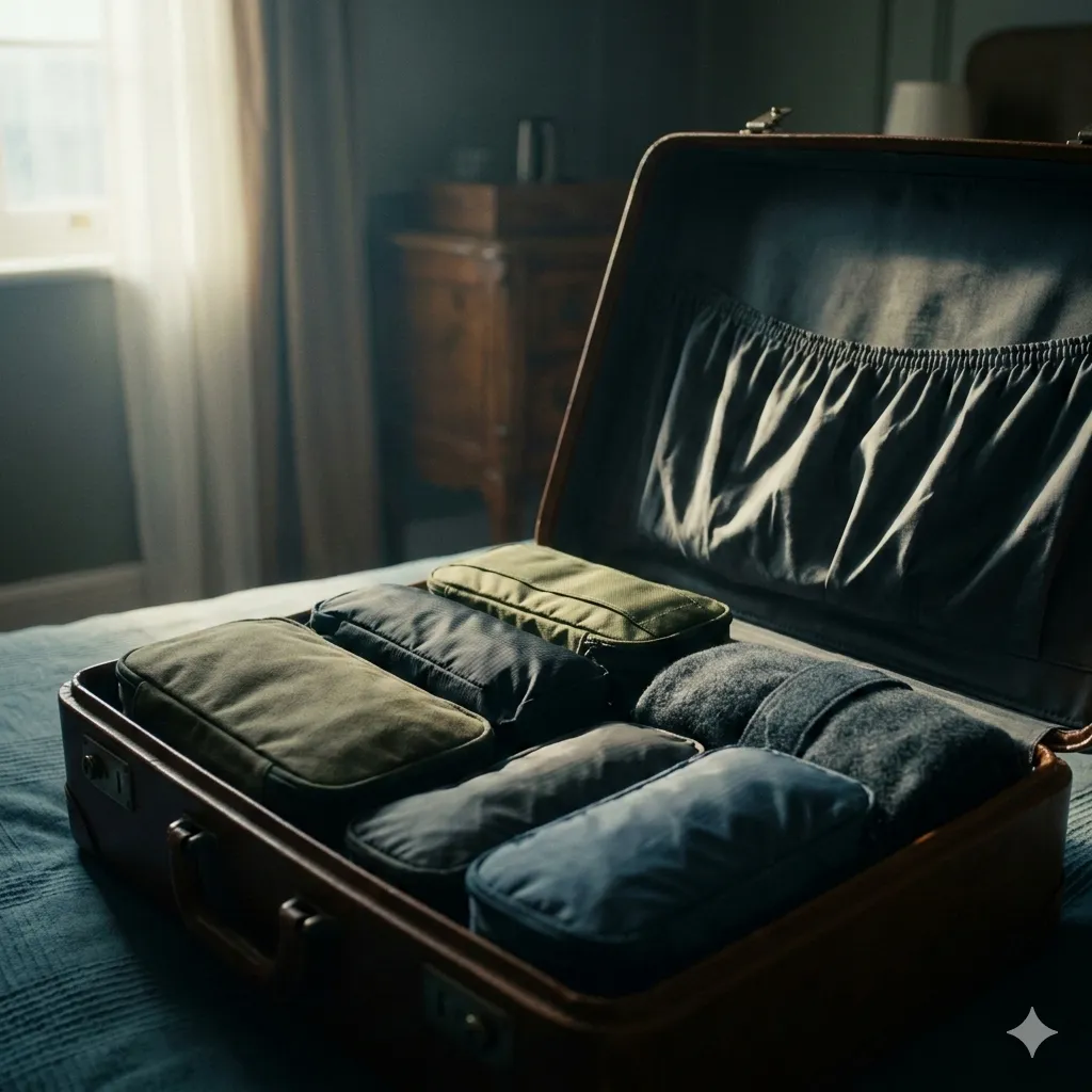 Practical textile sleeves arranged in a suitcase for clothing and accessories